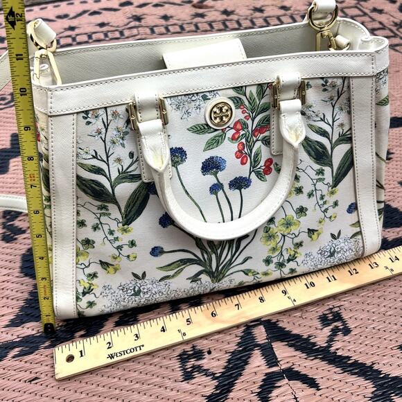 Tory Burch | Robinson Printed Canvas Triangle Tote Watercolor Botanical Print - Picture 7 of 9